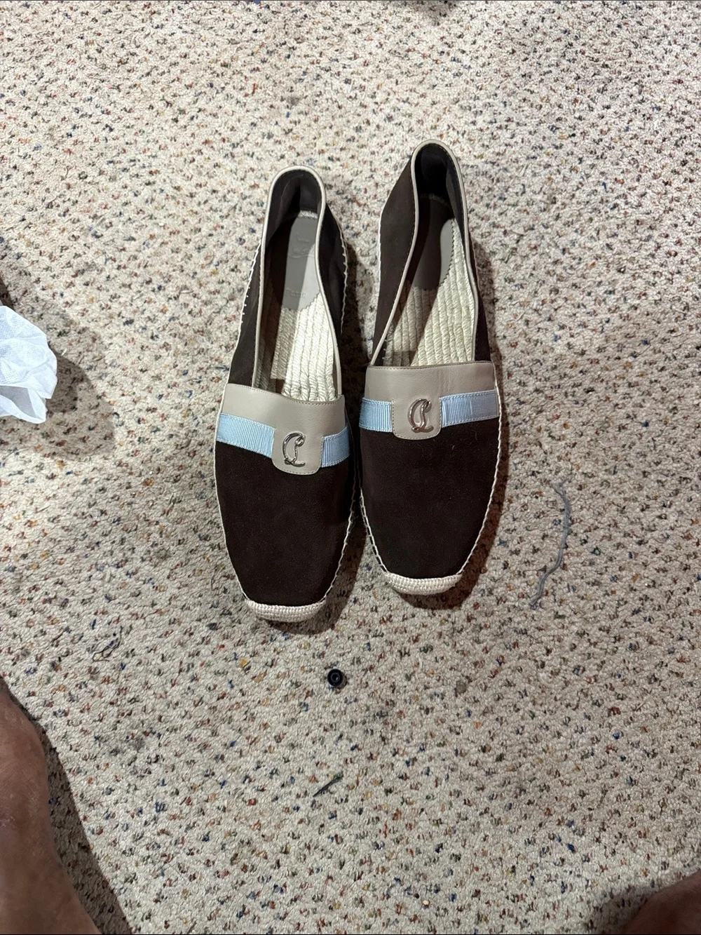 Christian Louboutin Brown Suede Loafers with Light Blue Ribbon and Cream Trim
